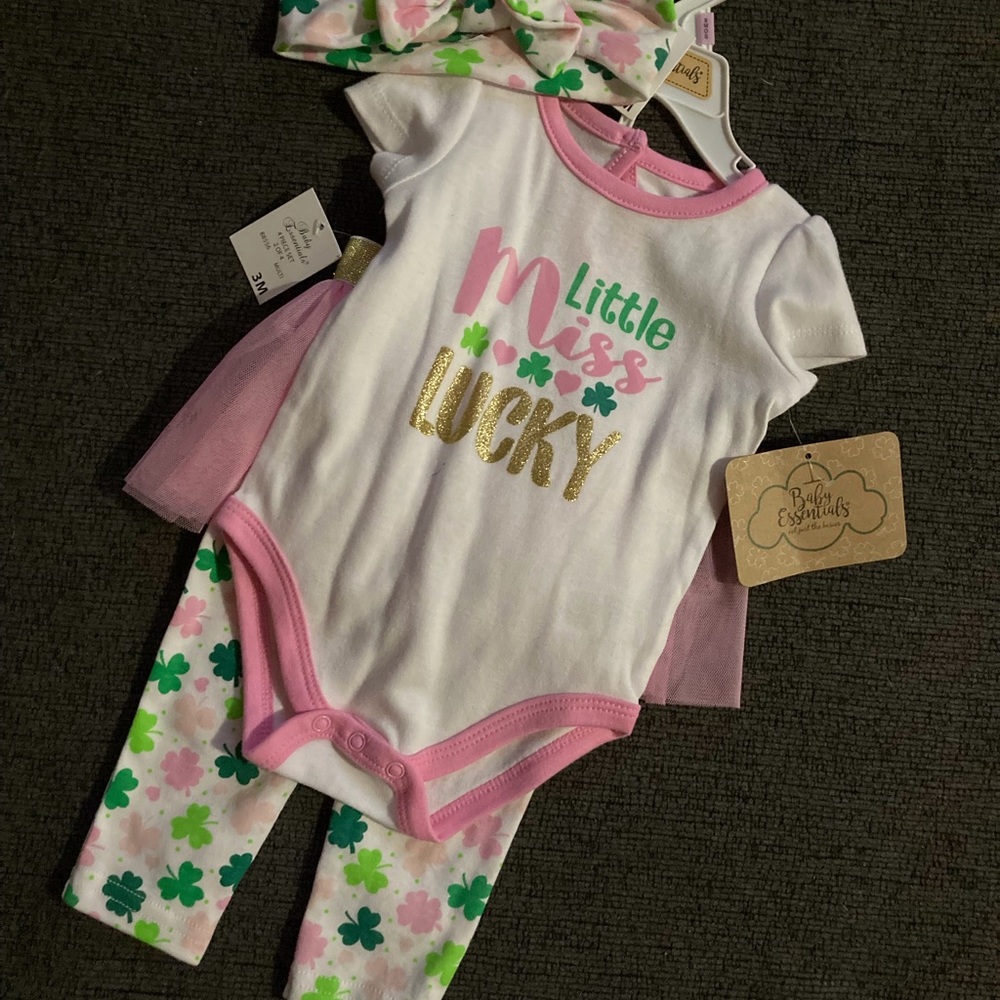 Little Miss Lucky 3 piece outfit. White, Pink, and Green.